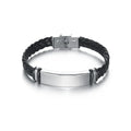 Pulsera de cuero trenzado negro para hombre con placa central de acero inoxidable plateado y broche metálico