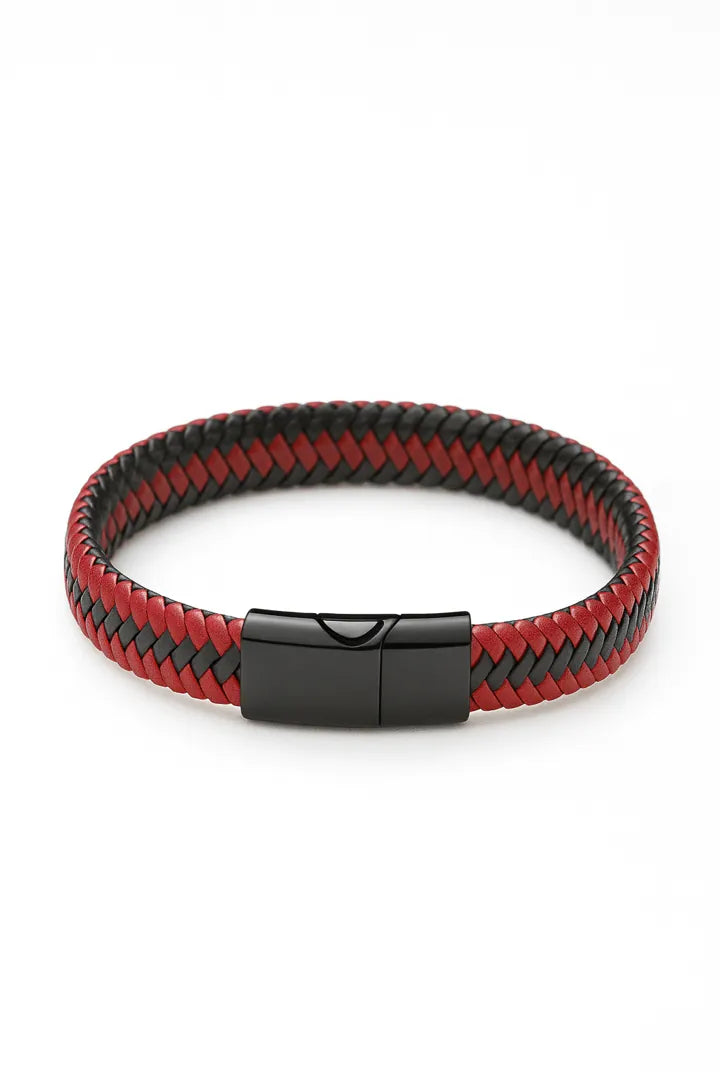 Pulsera de cuero trenzado rojo y negro para hombre con cierre magnético elegante
