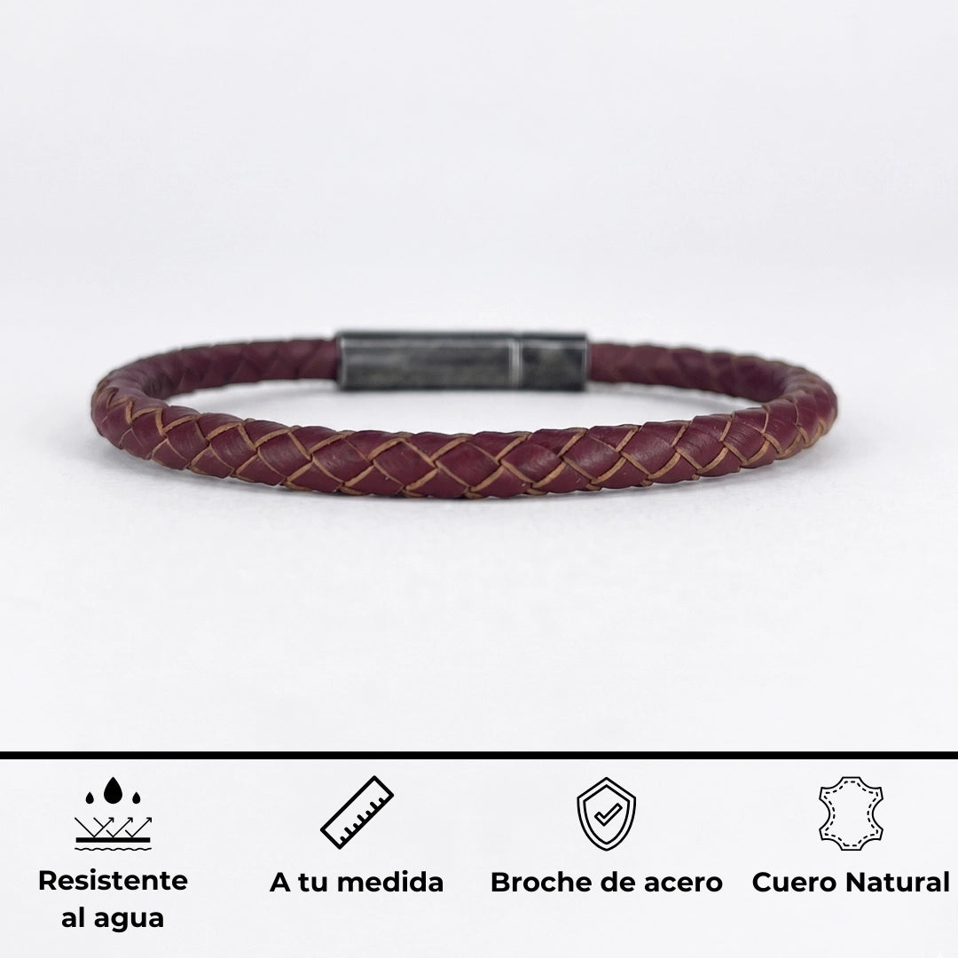 Pulsera cuero trenzado natural: Vinotinto mate