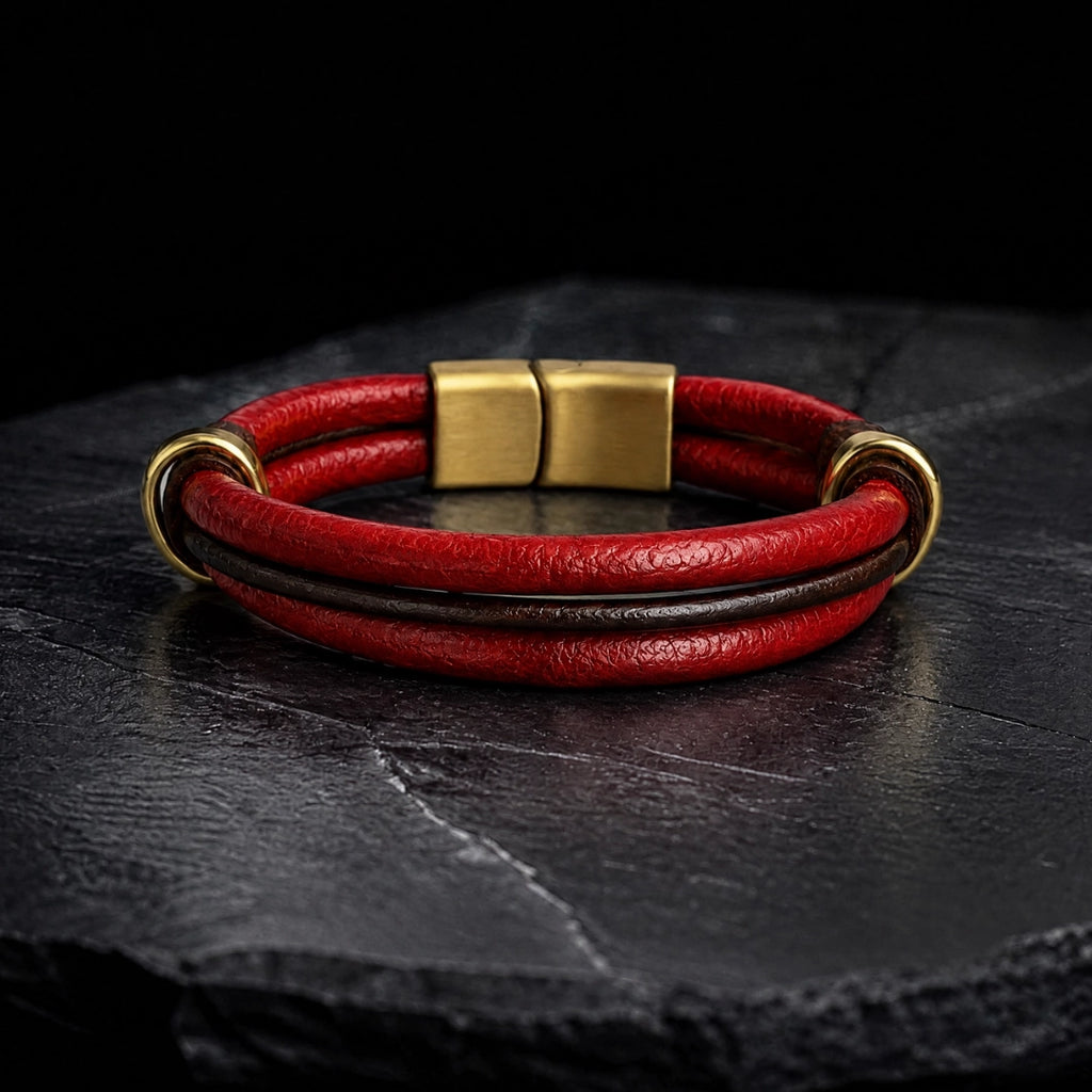 Pulsera de cuero redondo rojo vivo con separadores de acero color dorado