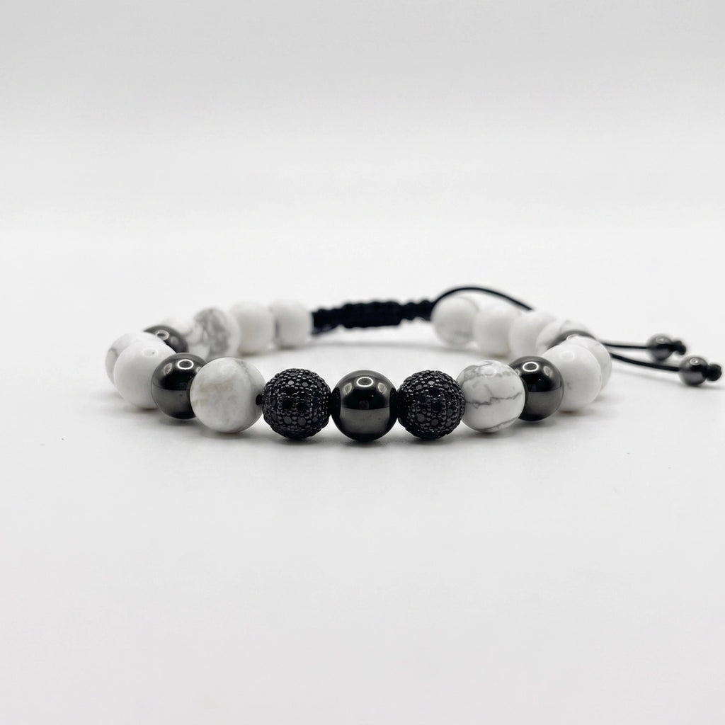 Set de 2 pulsera: Howlita y cuero trenzado negro