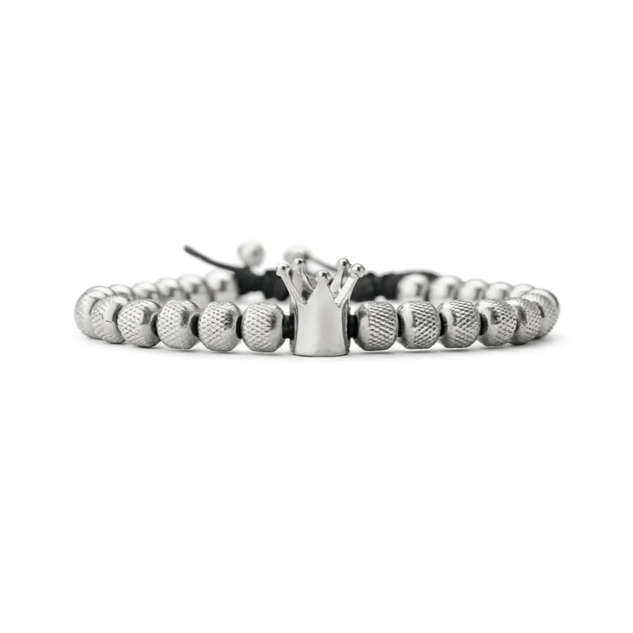 Pulsera de acero inoxidable ajustable para hombre con dije de corona, cordón de nylon trenzado y balines metálicos KRV