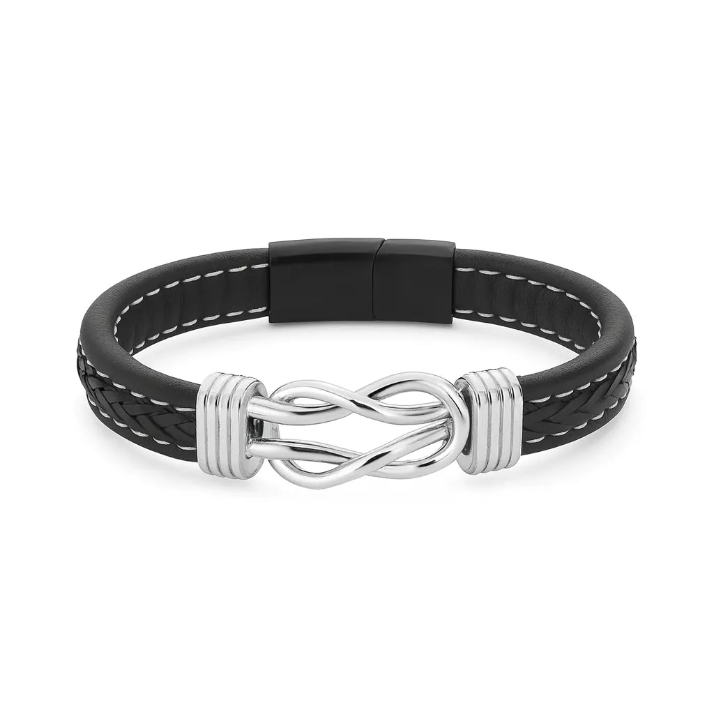 Pulsera de cuero plateado trenzado para hombre con símbolo de infinito plateado y cierre magnético