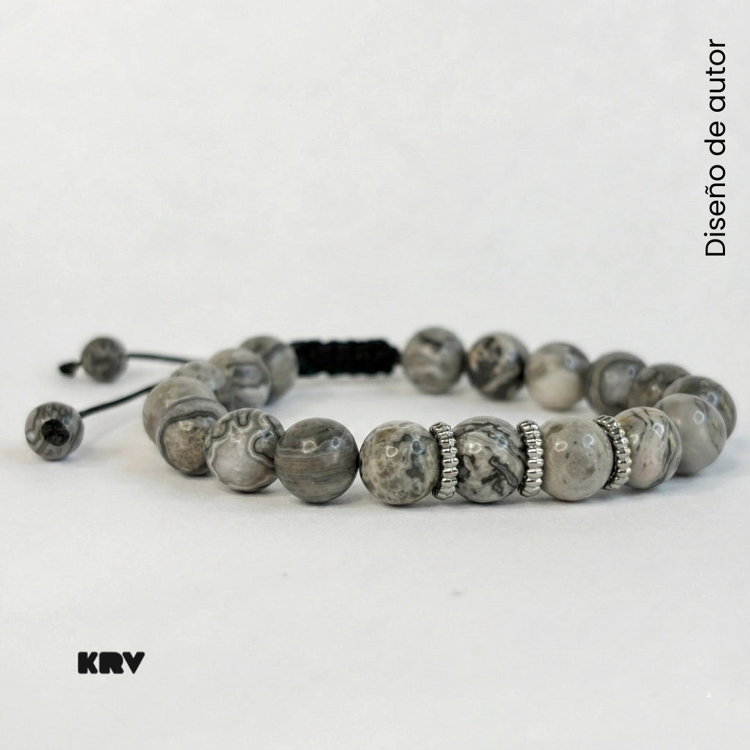 Pulsera jaspe gris con separadores de acero inoxidable