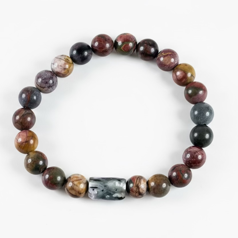 Pulsera elástica para hombre con cuentas de piedra natural Jaspe Picasso Rojo y vetas oscuras.