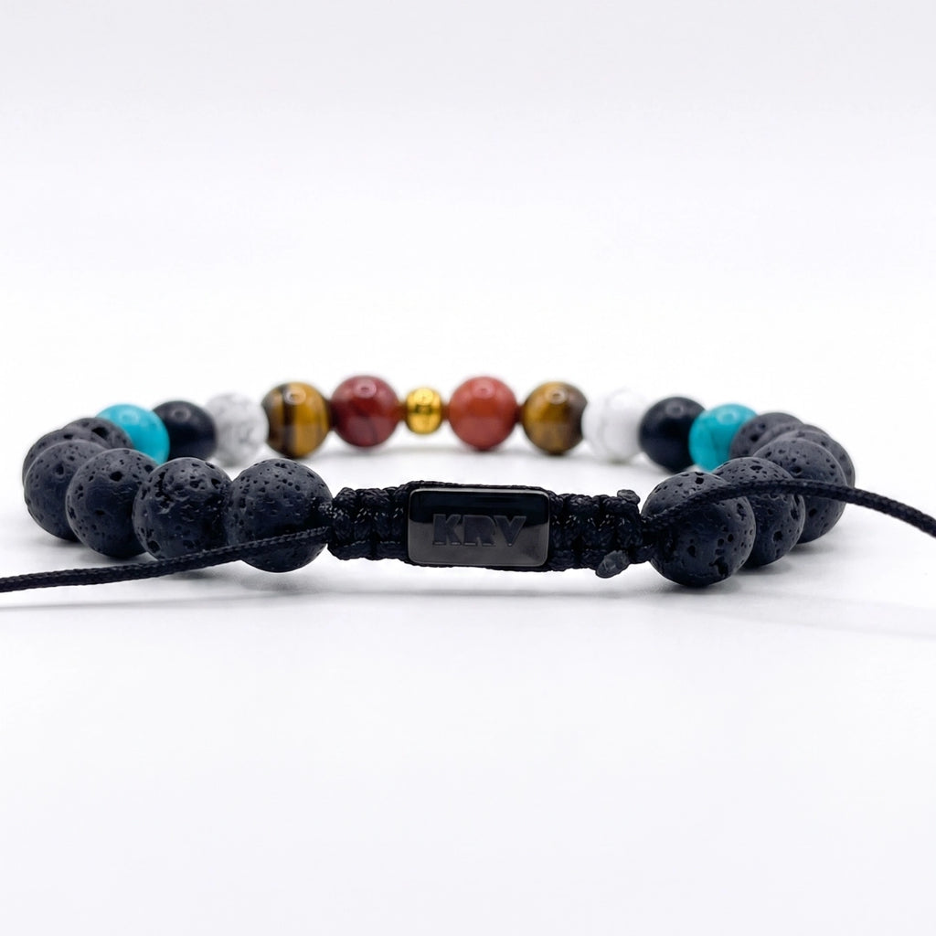 Logo KRV con nudo corredizo en  pulsera de piedras naturales con variedad de piedras 