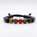 pulsera de piedras naturales con nudo corredizo, piedras de ojo de tigre, cornalina y ónix