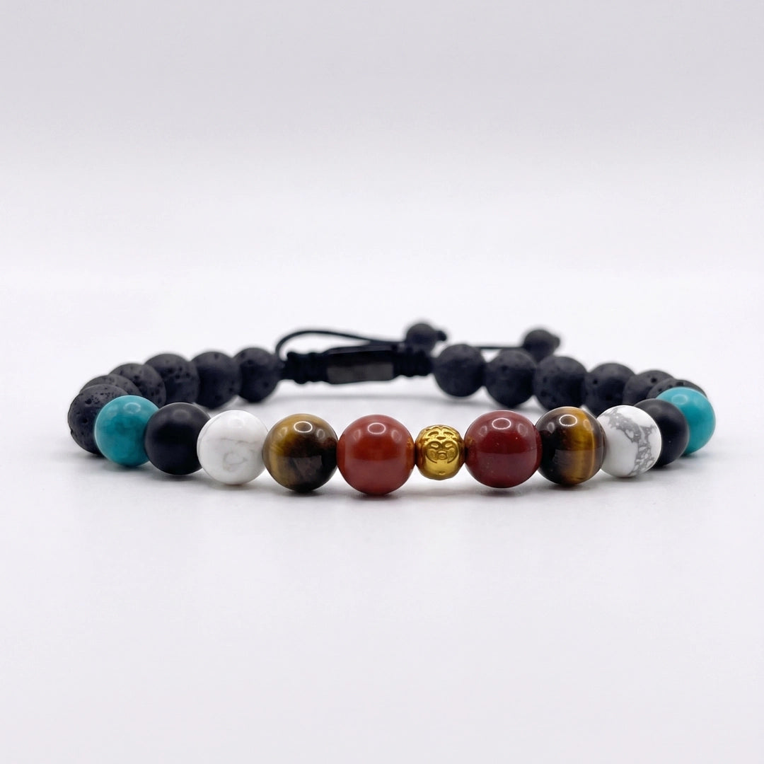 Pulsera KRV con diversidad de piedras turquesa verde, haulita blanca y piedras cornalinas