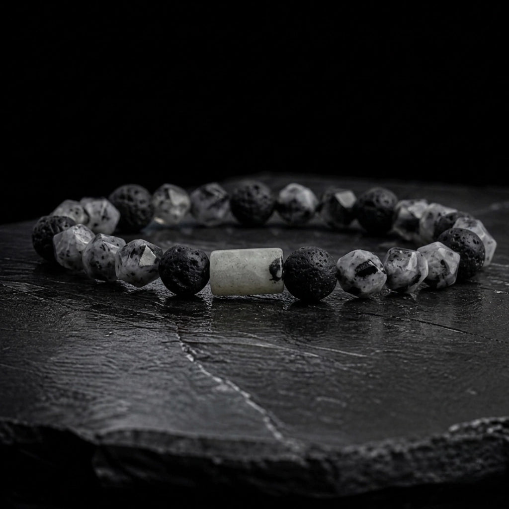 Pulsera hombre labradorita facetada con piedra volcánica