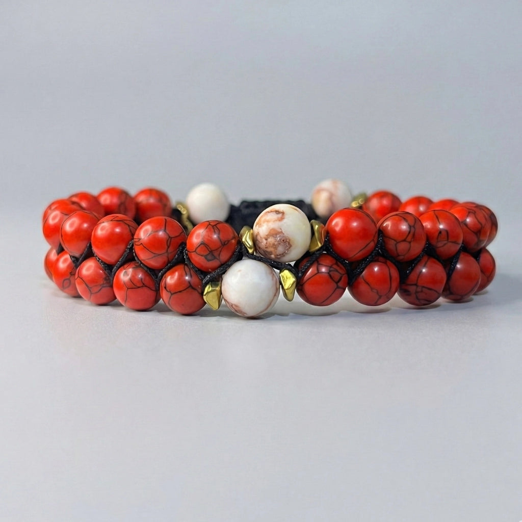 Pulsera turquesa roja con nudo macramé y piedras jaspe