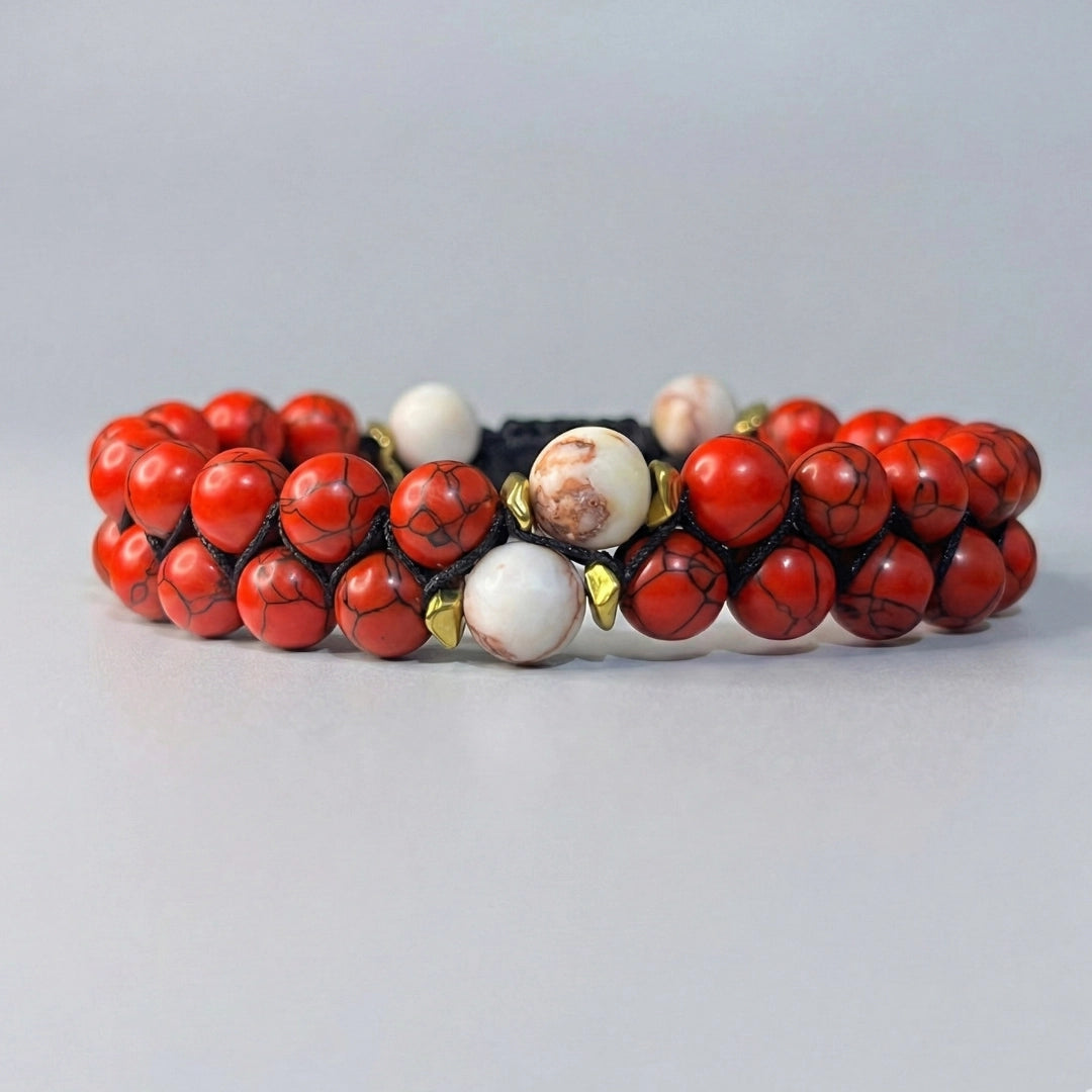 Pulsera turquesa roja con nudo macramé y piedras jaspe