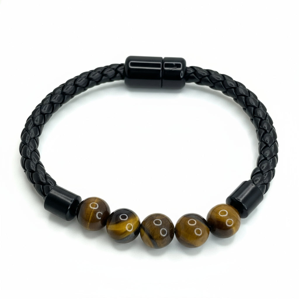 Pulsera de cuero ojo de tigre amarillo  para hombre. 