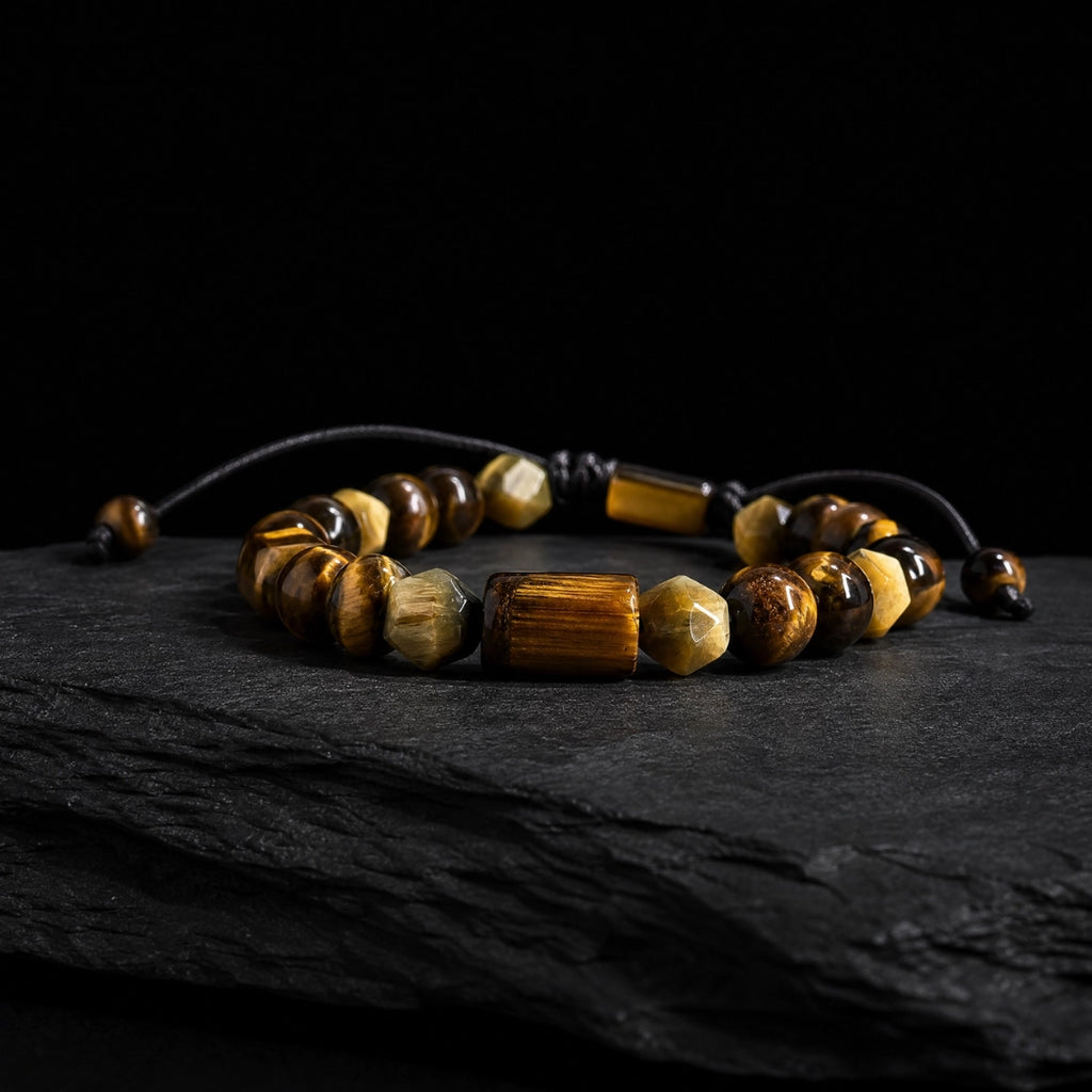 Pulsera hombre ojo de tigre natural con piedra central tallada a mano