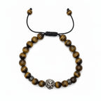 Pulsera con piedras de ojo de tigre y dije metálico de leon, accesorios krv para hombre. Envio gratis y contraentrega disponible a toda colombia