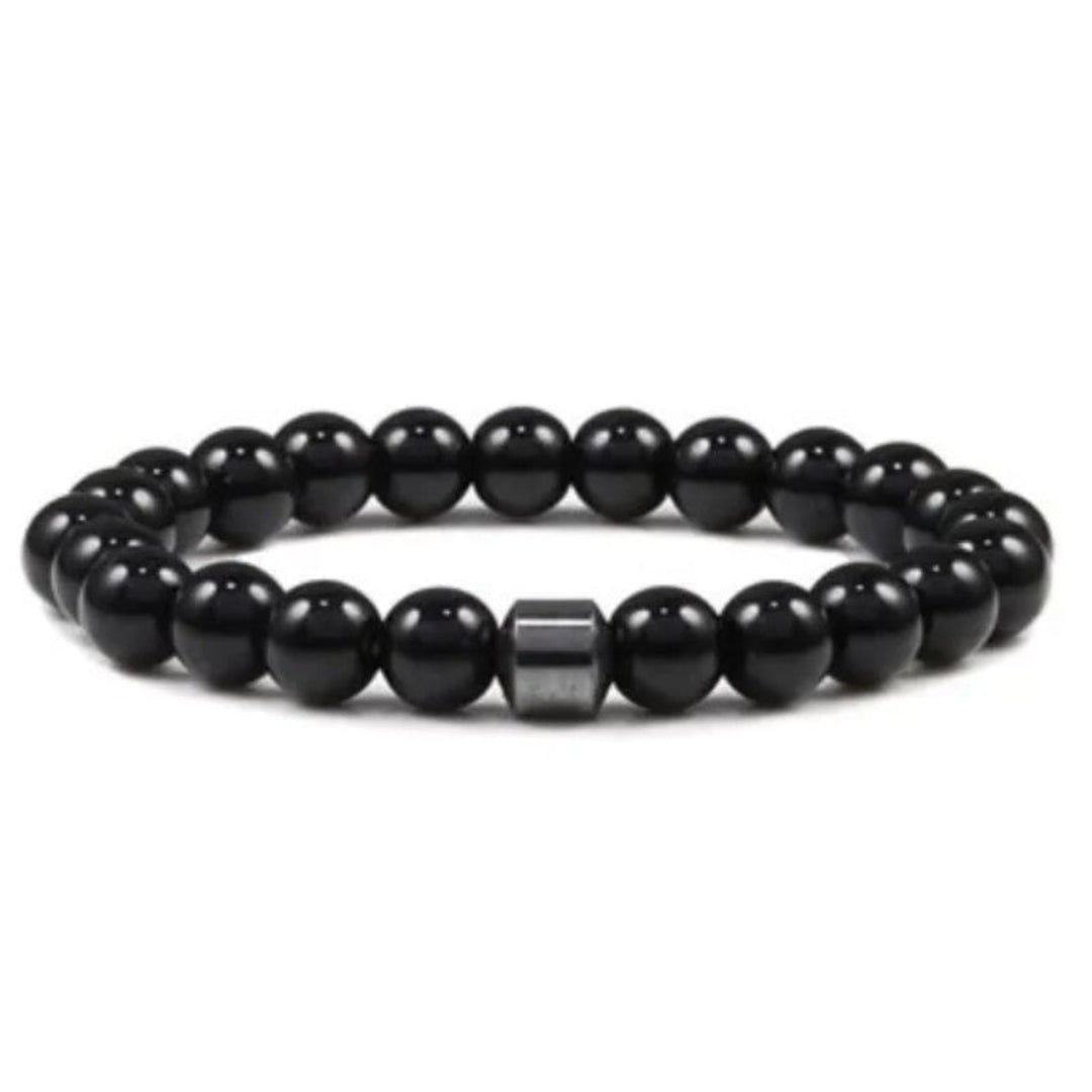 Pulsera de turmalina negra natural con piedra central de hematita para hombre – protección y estilo elegante