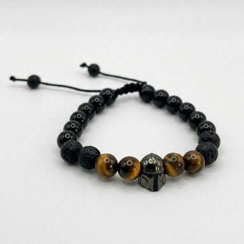 Pulsera de piedras naturales ojo de tigre y volcánica para hombre, dije metálico inspirado en The Mandalorian