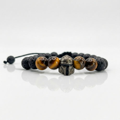 Pulsera de ojo de tigre y piedra volcánica para hombre con dije metálico de The Mandalorian