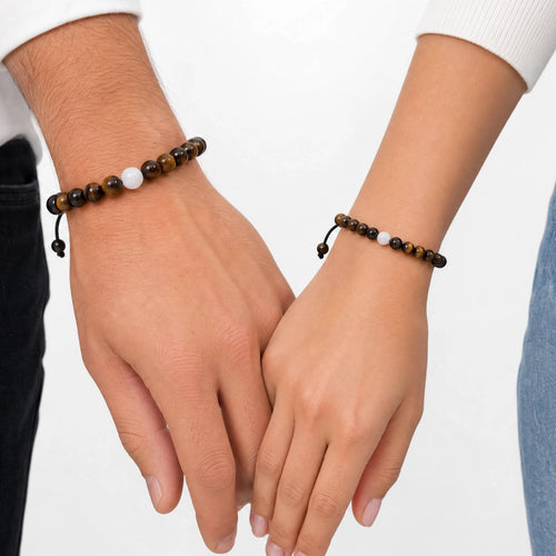 Set de pulseras de pareja en ojo de tigre y jade blanco