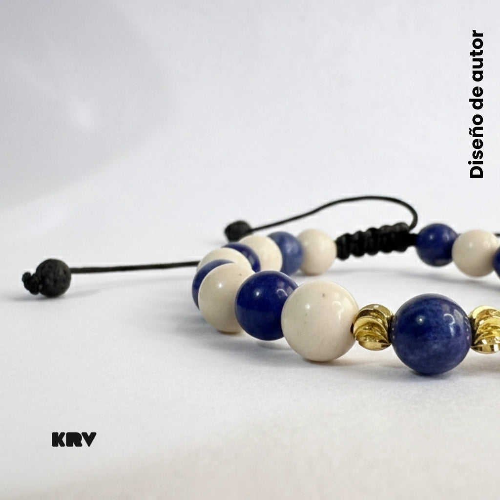 Pulsera para hombre combinada de piedras Sodalita azul y cuentas de cerámica blanca brillante
