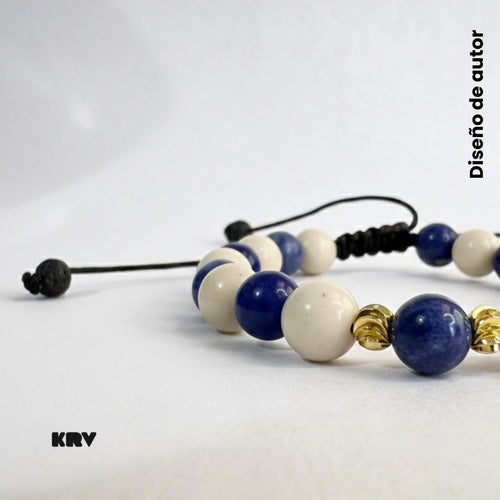 Pulsera para hombre combinada de piedras Sodalita azul y cuentas de cerámica blanca brillante