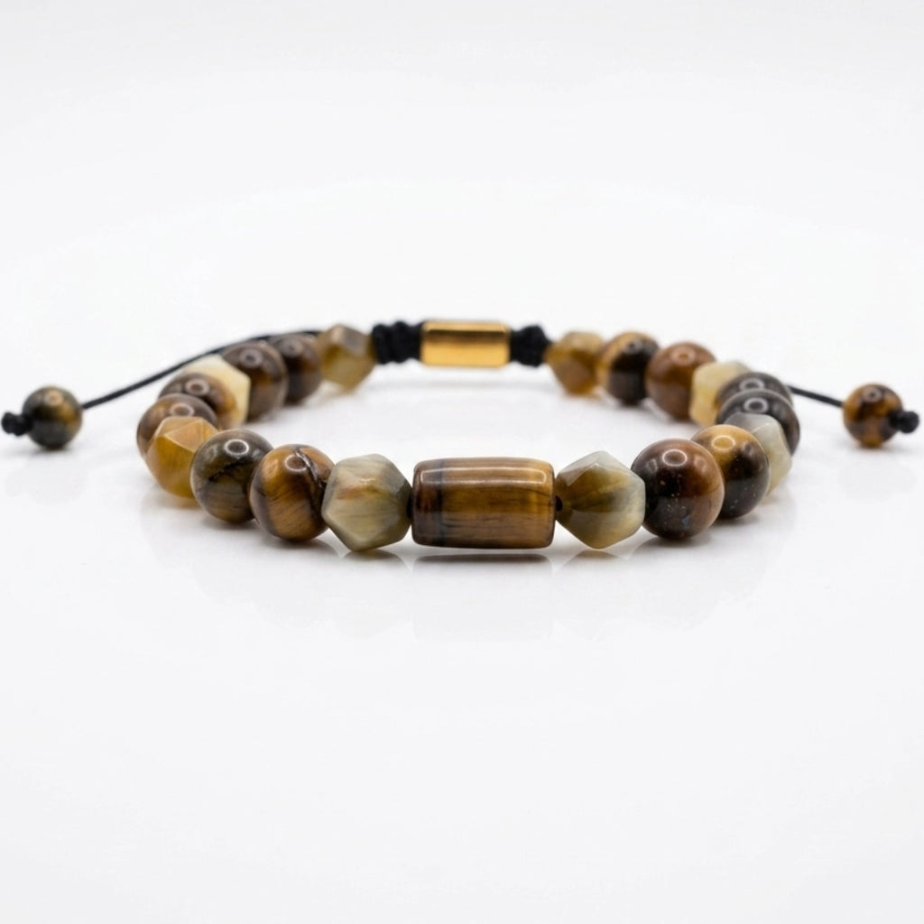 Detalle cierre macramé nudo corredizo pulsera ojo de tigre