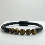 Pulsera de cuero ojo de tigre amarillo  para hombre. 