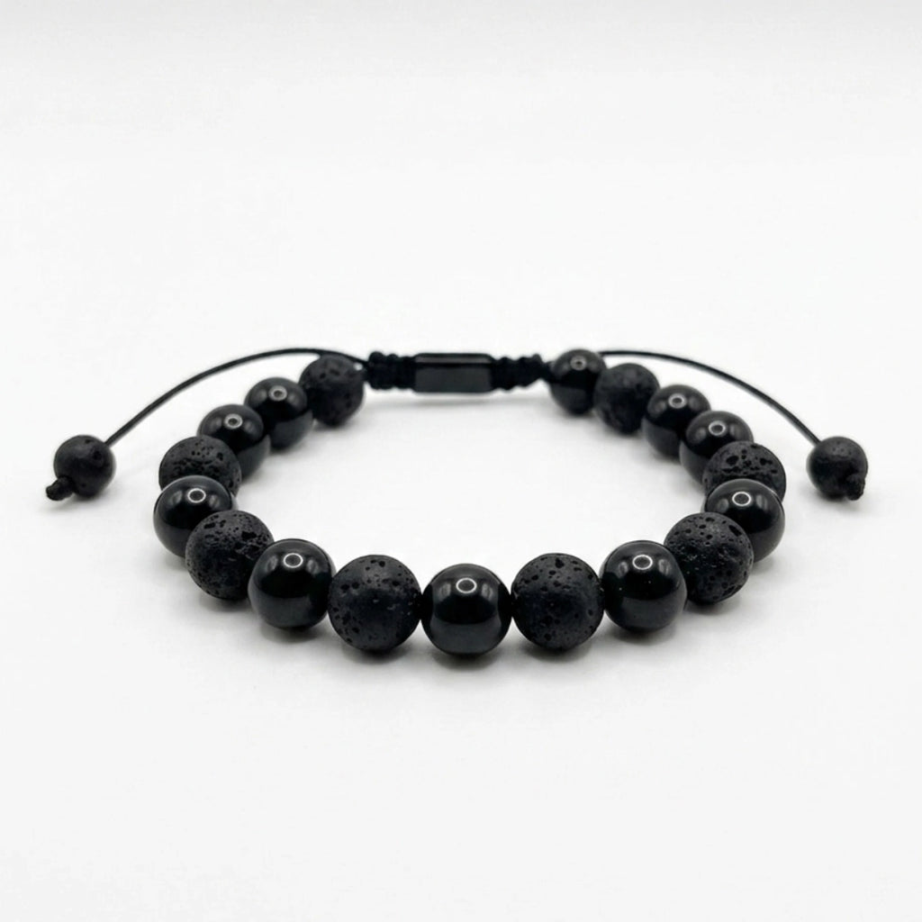 Pulsera Turmalina Negra Natural y Piedra Volcánica