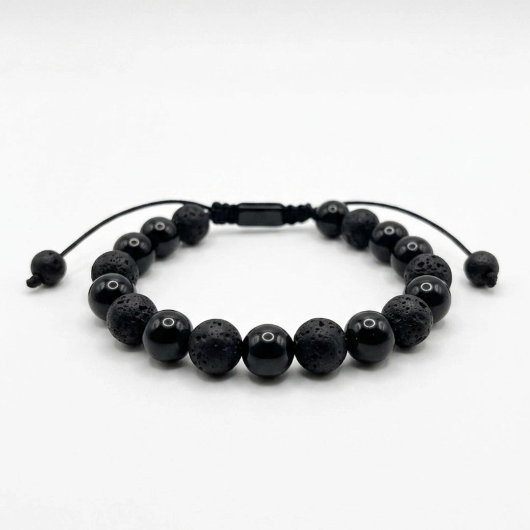 Pulsera Turmalina Negra Natural y Piedra Volcánica