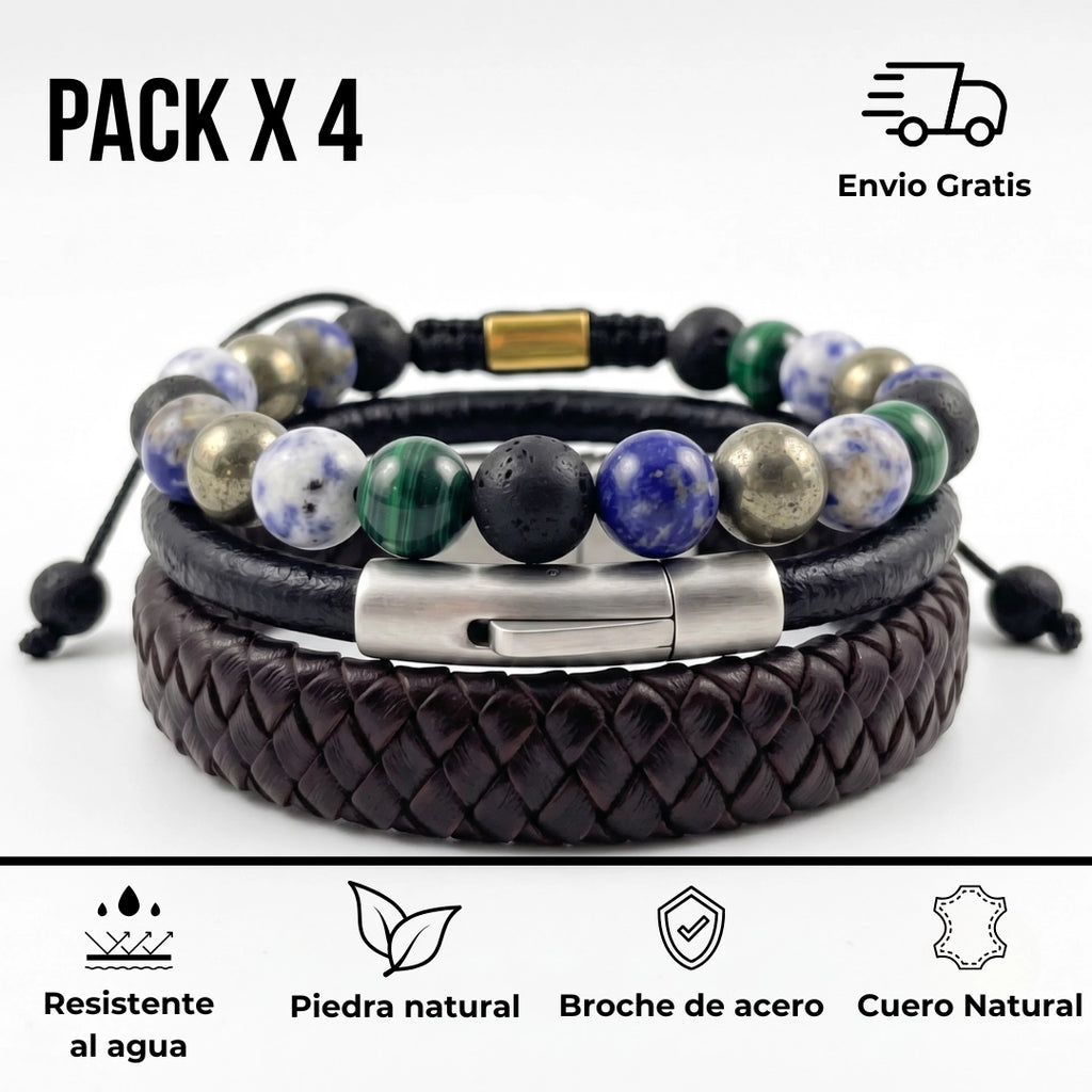 Pack de Pulseras para Hombre: Cuero y Piedras Naturales