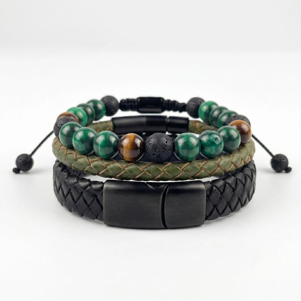 Pack de 3 pulseras para hombre KRV: cuero negro, cuero verde musgo y pulsera de malaquita con ojo de tigre y piedra volcánica