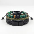 Pack de 3 pulseras para hombre KRV: cuero negro, cuero verde musgo y pulsera de malaquita con ojo de tigre y piedra volcánica