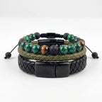 Pack de 3 pulseras para hombre KRV: cuero negro, cuero verde musgo y pulsera de malaquita con ojo de tigre y piedra volcánica