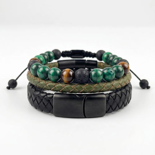 Pack de 3 pulseras para hombre KRV: cuero negro, cuero verde musgo y pulsera de malaquita con ojo de tigre y piedra volcánica