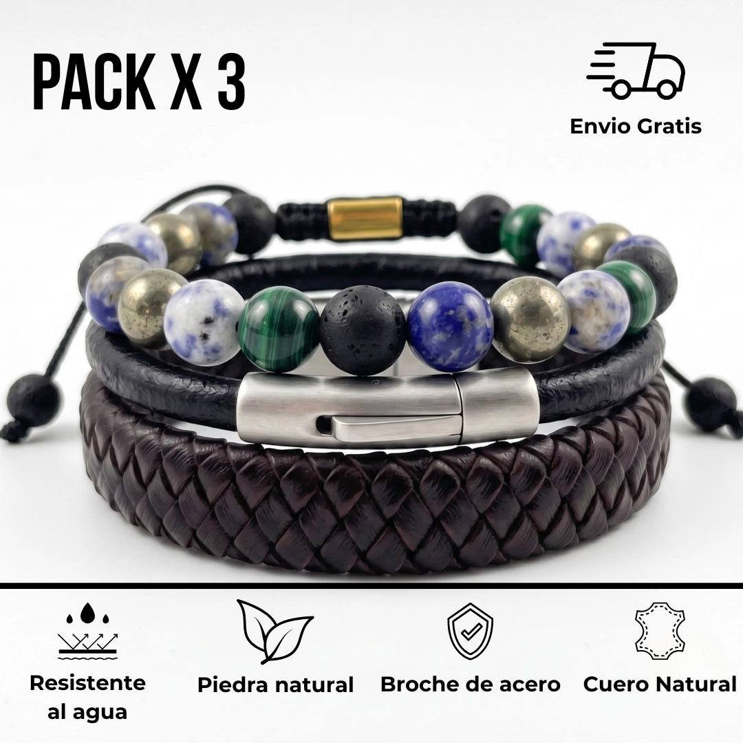 Pack de Pulseras para Hombre: Cuero y Piedras Naturales