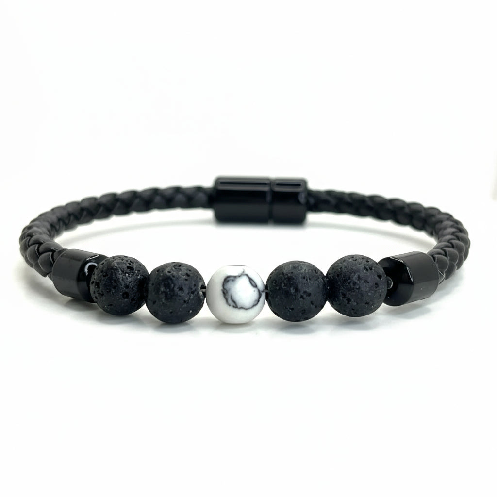 Pulsera de cuero pino blanco con roca volcánica, para hombre. 