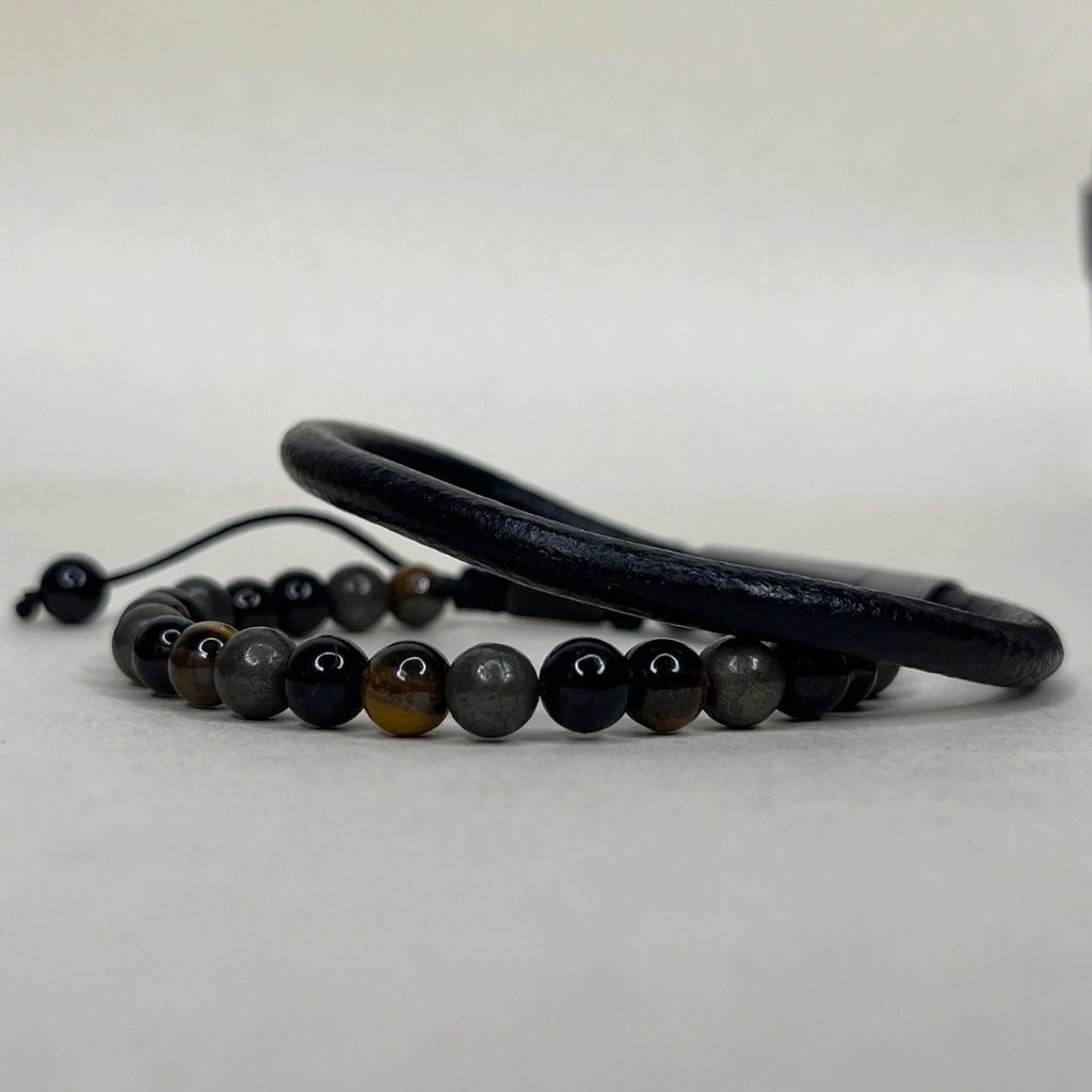 Dos pulseras de cuero redondo de vaca natural y piedra natural pirita y turmalina