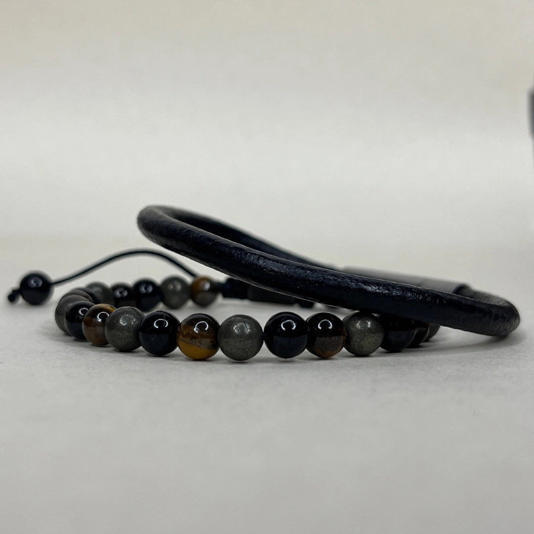 Dos pulseras de cuero redondo de vaca natural y piedra natural pirita y turmalina