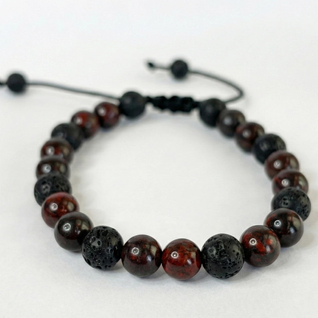 Pulsera de piedras naturales para hombre combinada con Jaspe Rojo y Piedra Volcánica negra porosa.