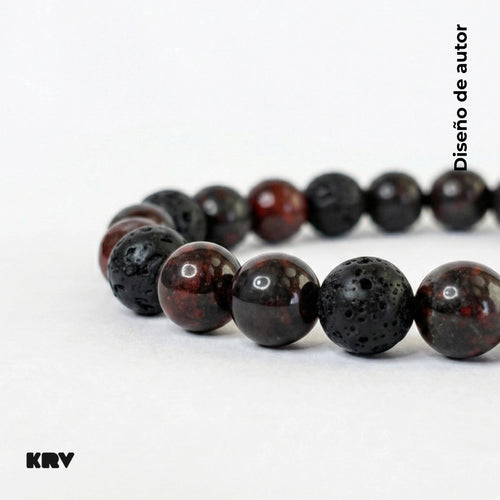 Accesorio ajustable para hombre con nudo corredizo negro y piedras rojas y negras naturales.