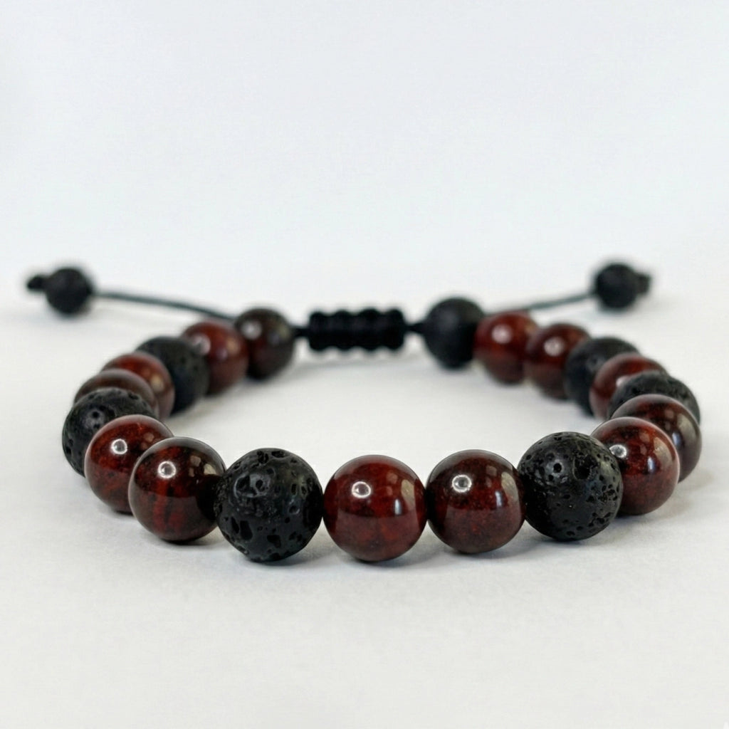 Accesorio ajustable para hombre con nudo corredizo negro y piedras rojas y negras naturales.