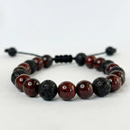 Accesorio ajustable para hombre con nudo corredizo negro y piedras rojas y negras naturales.