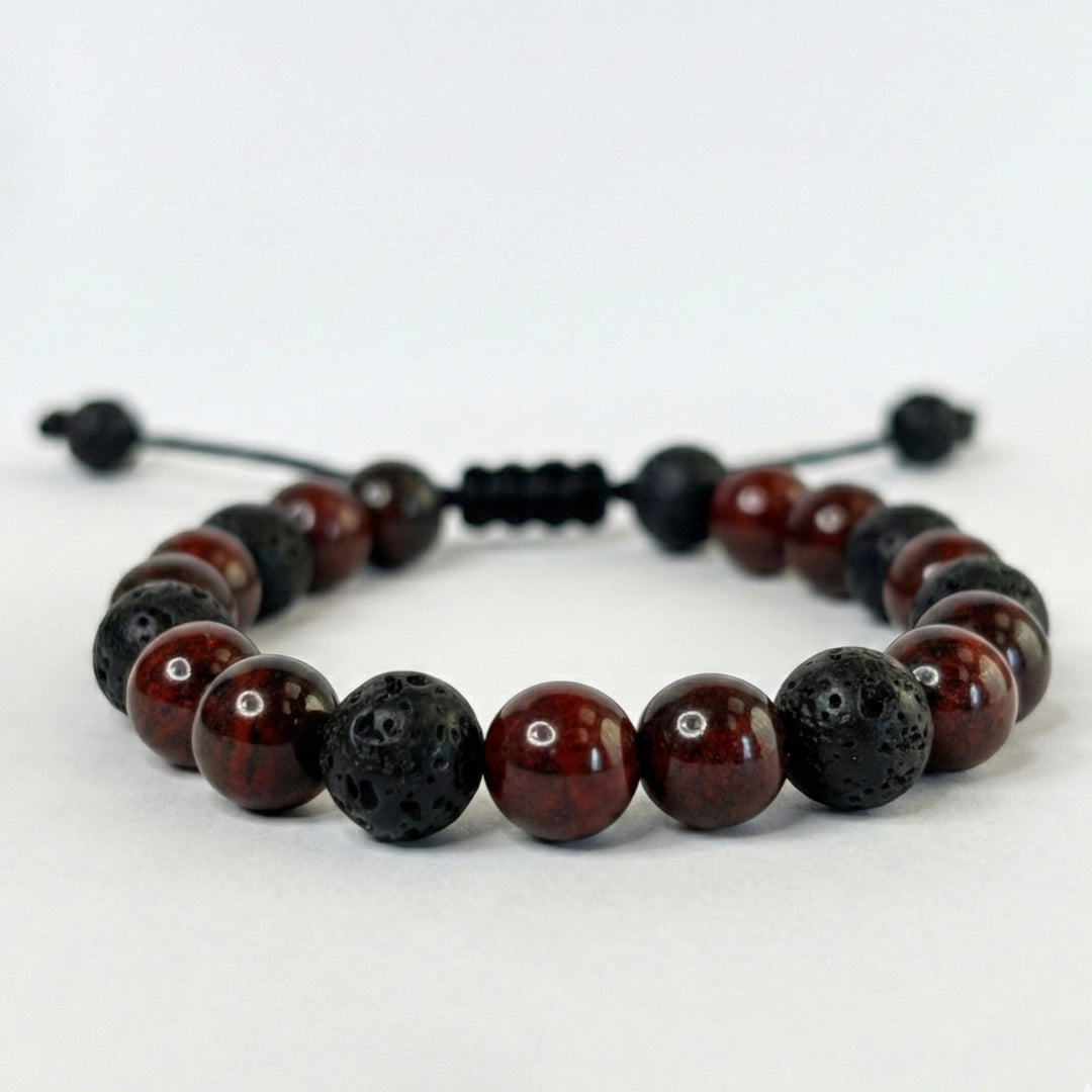 Accesorio ajustable para hombre con nudo corredizo negro y piedras rojas y negras naturales.