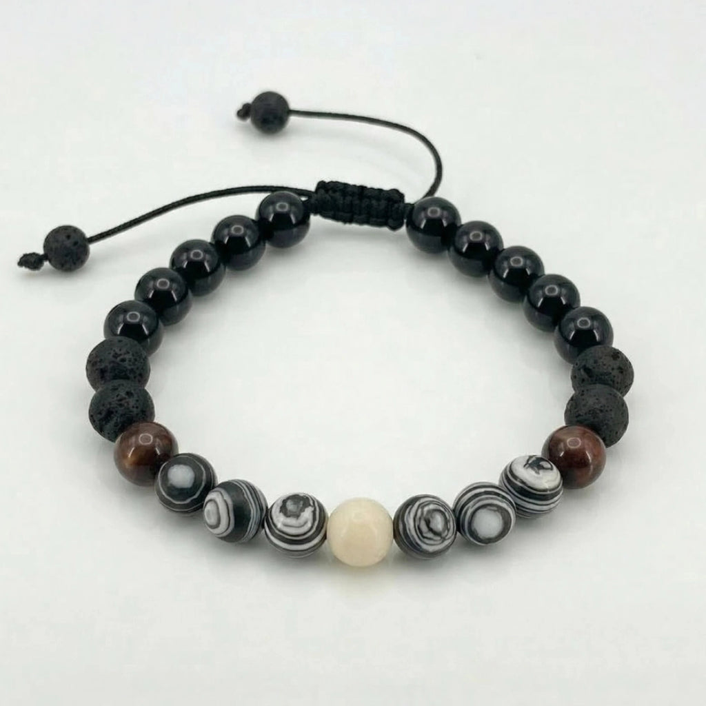 Pulsera para hombre con piedra natural  jaspe cebra y ónix con nudo corredizo y hecho con hilo chino 