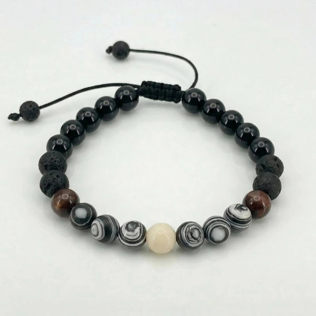 Pulsera para hombre con piedra natural  jaspe cebra y ónix con nudo corredizo y hecho con hilo chino 