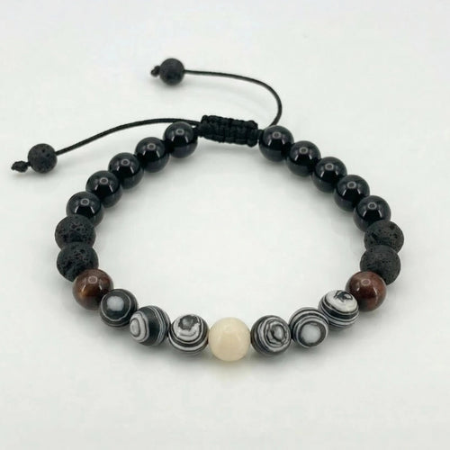 Pulsera para hombre con piedra natural  jaspe cebra y ónix con nudo corredizo y hecho con hilo chino 