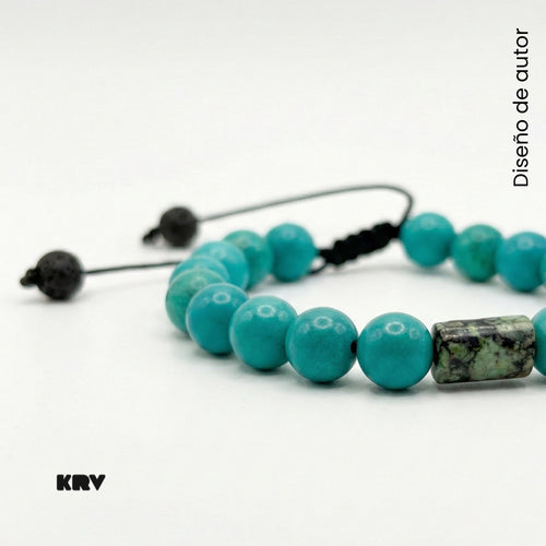 Pulsera ajustable para hombre de piedra natural Turquesa Verde con separador central de Turquesa Africana.