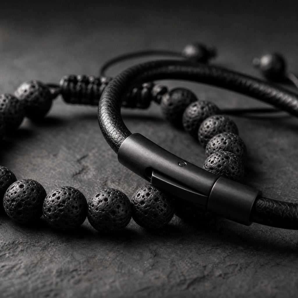 Vista macro en fondo brutalista de set de pulseras masculinas, combinación de piedras y cuero 