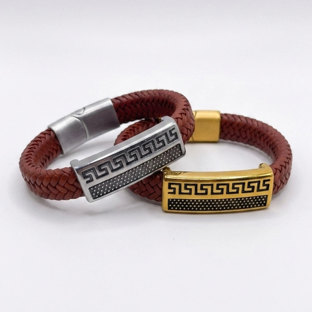 Pulsera Atenas Cuero marrón Whisky | Greek Key