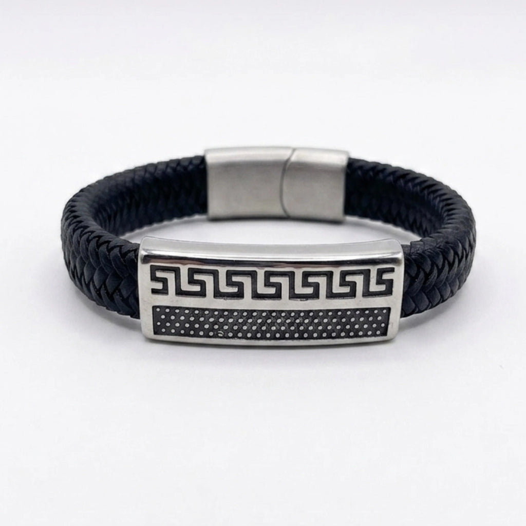 Pulsera Atenas cuero genuino negro, diseño griego minimalista para uso diario