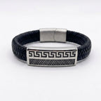 Pulsera Atenas cuero genuino negro, diseño griego minimalista para uso diario